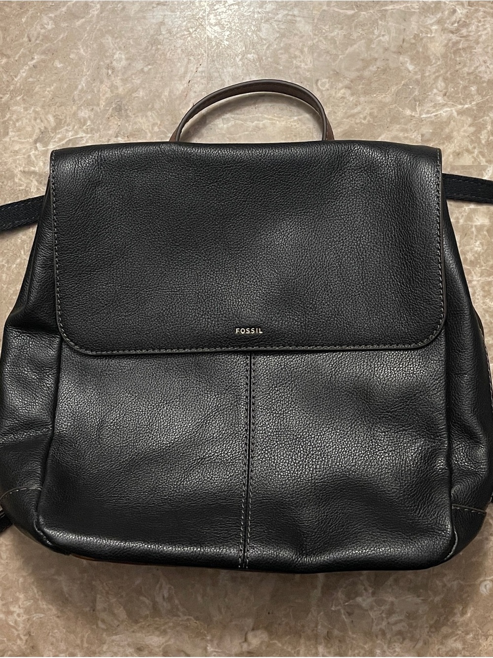 Fossil Black Pebbled Leather Flap Backpack
